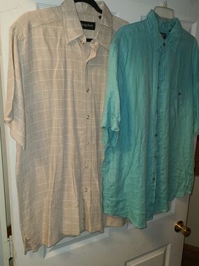 Sedgefield Beige Windowpane Button-Up & Roundtree & Yorke Teal Linen Shirt Duo